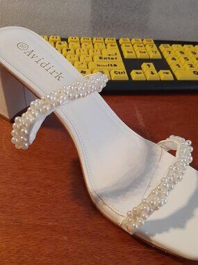 Avidirk Women Two Straps Pearl Block Heels Sandals Square Open Toe White Size 10